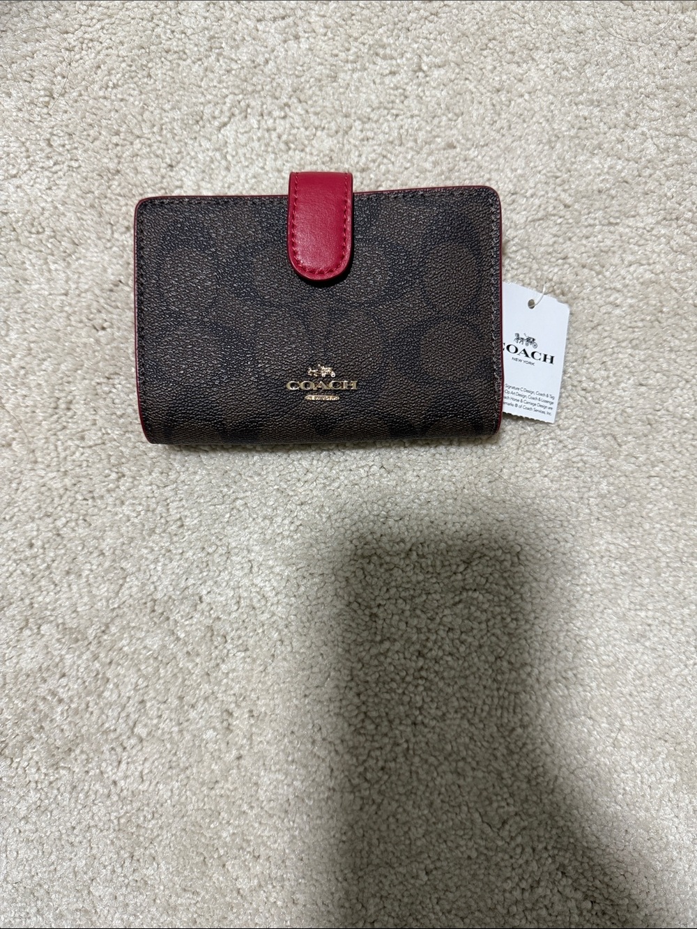 Coach Brown Signature Canvas Wallet with Red Trim